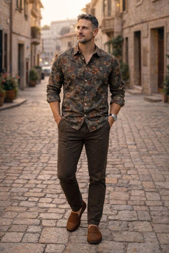 Man wearing an earthy-toned floral long-sleeve button-down with dark brown tailored trousers and suede loafers, styled for a refined, mature look on a cobblestone street at golden hour.