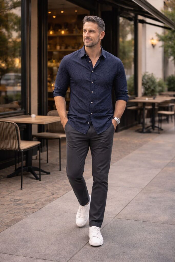 Man wearing a subtle navy floral button-down with charcoal slim trousers and clean white sneakers, creating a modern smart-casual look that feels confident and polished without being loud.