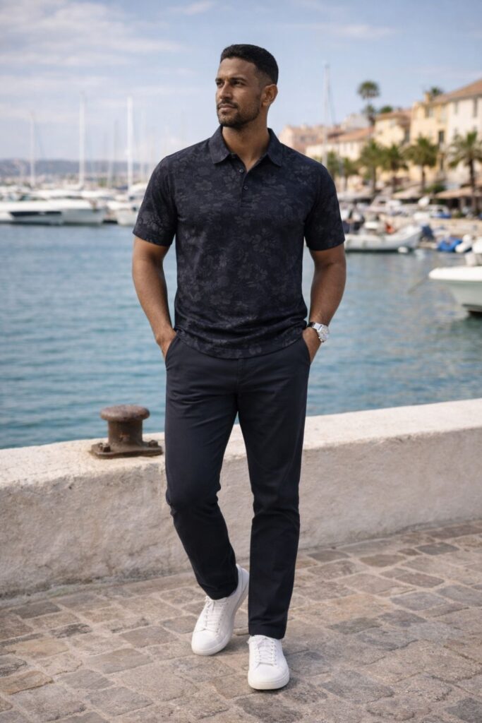 Man wearing a dark, tonal floral polo with tailored navy trousers and crisp white sneakers, styled for a clean, understated summer look by the waterfront.