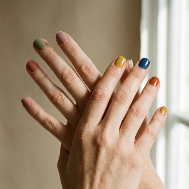 Hands with a mismatch manicure featuring different nail colors on each finger, soft natural lighting, minimal aesthetic close-up