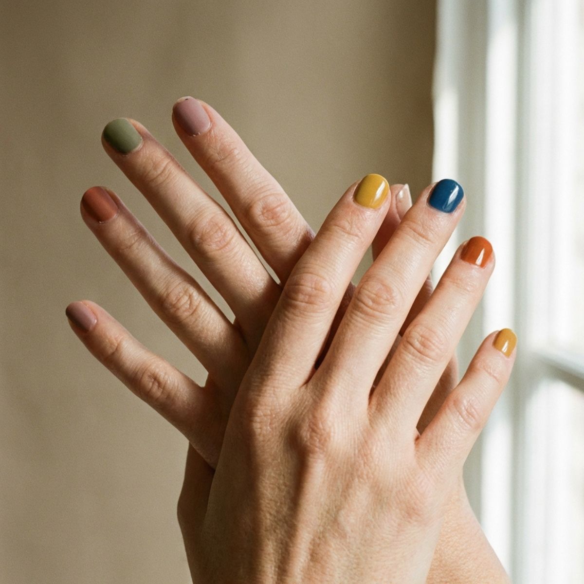 Hands with a mismatch manicure featuring different nail colors on each finger, soft natural lighting, minimal aesthetic close-up