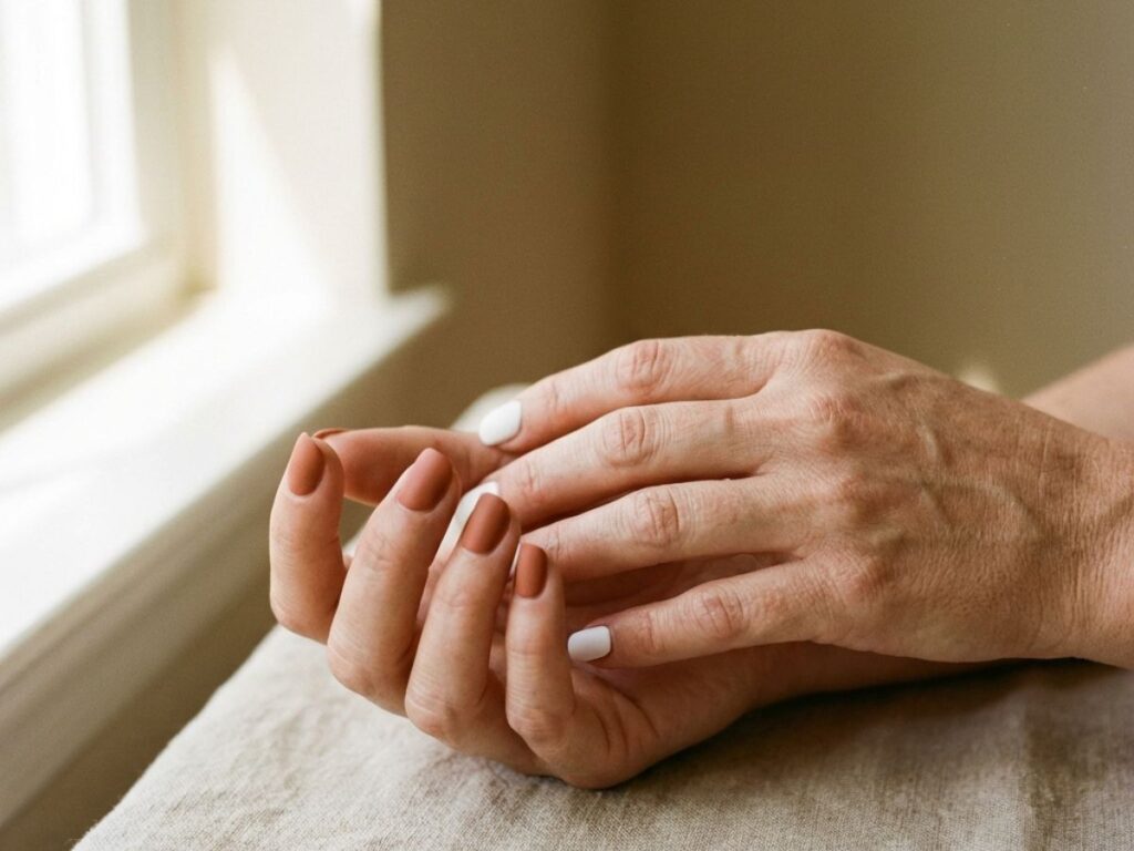 Hands with terracotta and white mismatch manicure, soft window lighting, cozy neutral aesthetic close-up