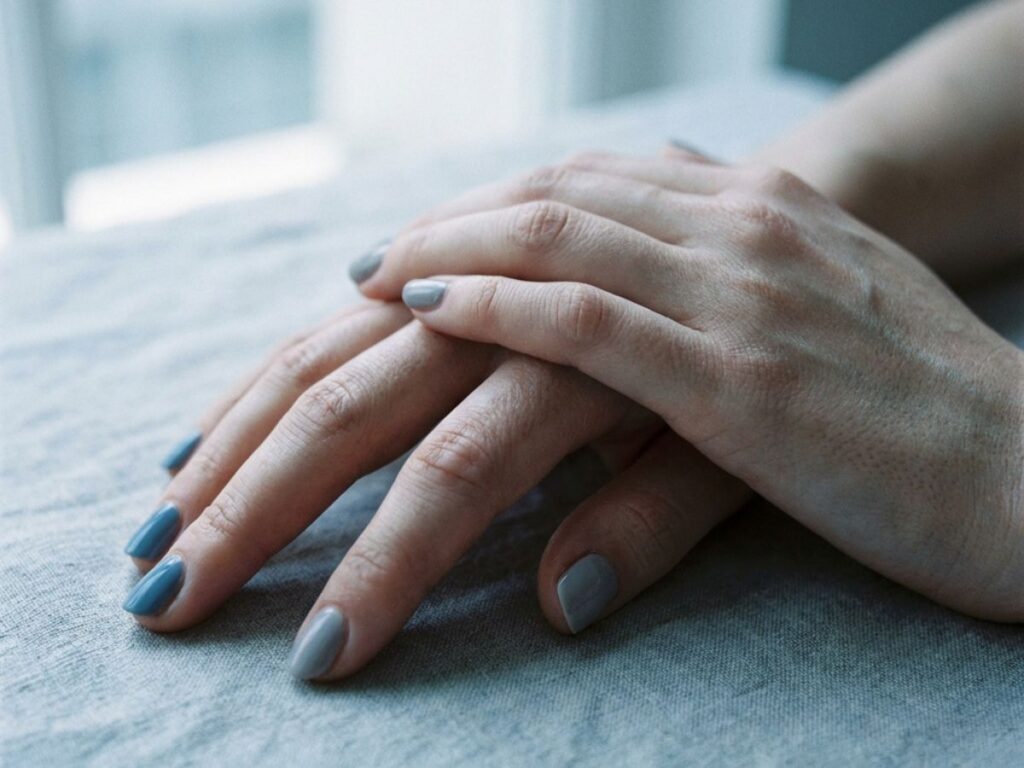 Hands with soft blue and grey mismatch manicure, cool tones, calm minimal aesthetic close-up