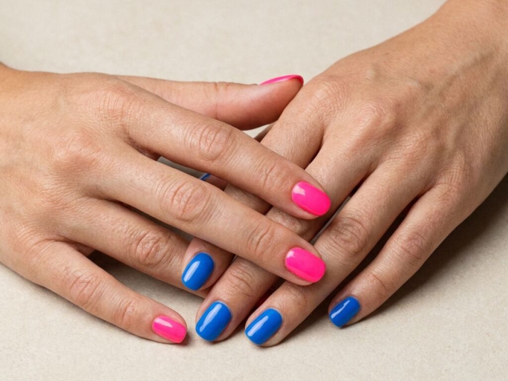 Hands with bright pink and cobalt blue mismatch manicure, bold colorful nails, clean background close-up