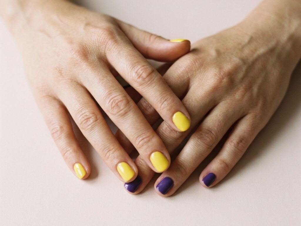 Hands with yellow and purple mismatch manicure, clean background, playful colorful nails close-up