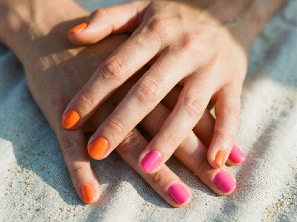 Hands with bright orange and pink mismatch nails, sunlit beach setting, vibrant summer aesthetic