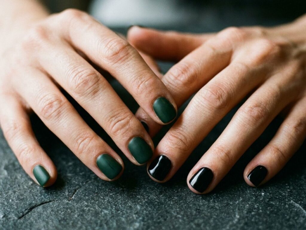 Hands with forest green and black mismatch manicure, moody tones, textured dark background close-up