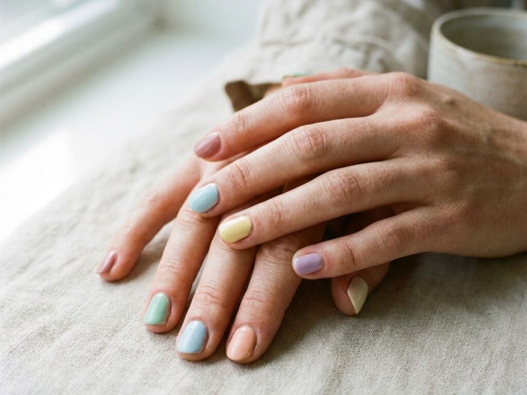 Hands with pastel mismatch manicure in mint, lavender, yellow, and nude tones, cozy aesthetic with coffee cup