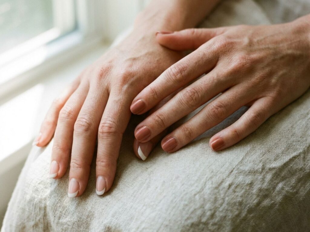 Hands with soft brown and French tip nails, minimal neutral manicure, natural light window setting