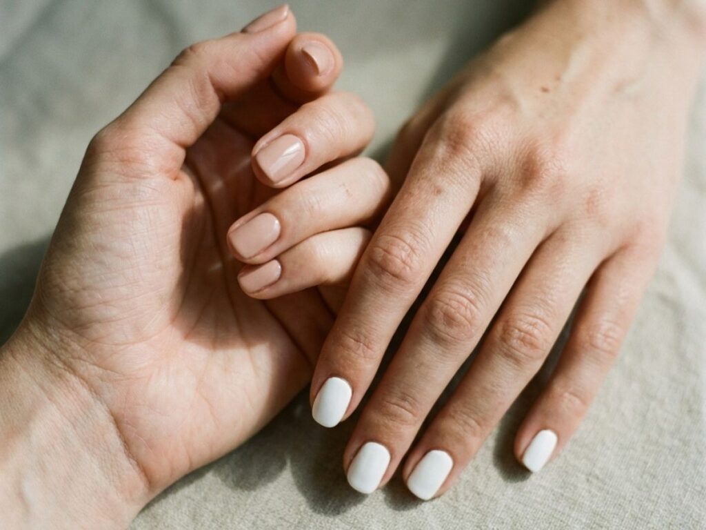 Hands with glossy nude nails and one accent white nail, simple minimal manicure, soft natural lighting close-up
