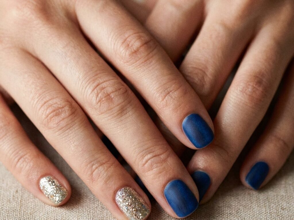 Hands with deep blue and gold glitter mismatch manicure, cozy neutral background, elegant contrast nails close-up