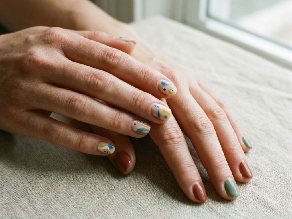 Hands with abstract nail art in soft blue, yellow, and neutral tones, minimalist aesthetic, natural light by window
