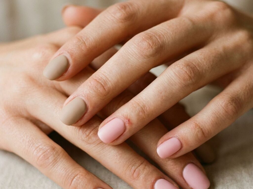 Hands with soft nude and blush pink manicure, clean minimalist style, warm natural lighting close-up