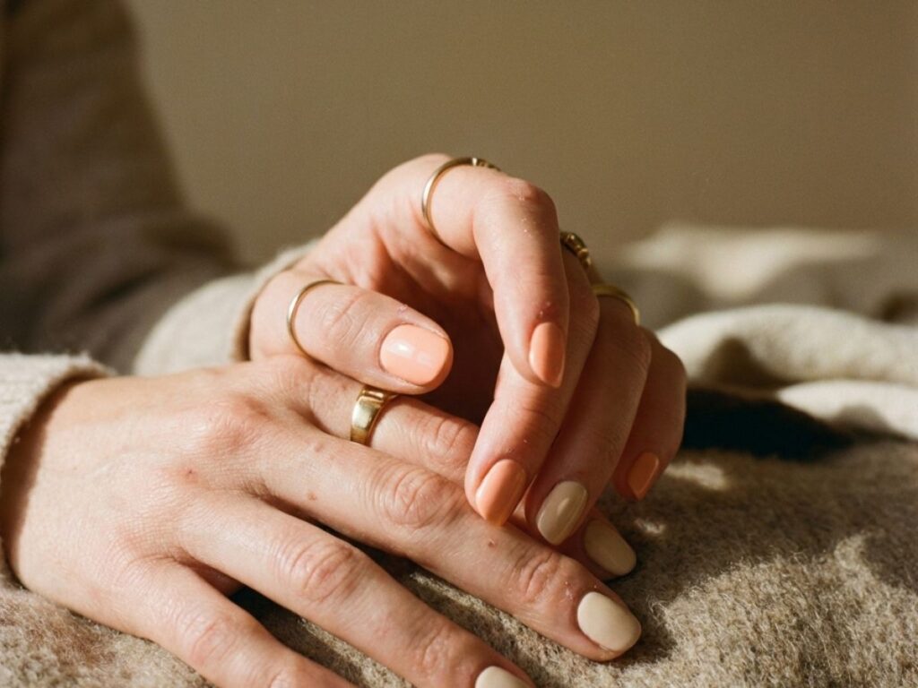 Hands with warm peach and beige mismatch nails, cozy lighting, minimalist aesthetic close-up
