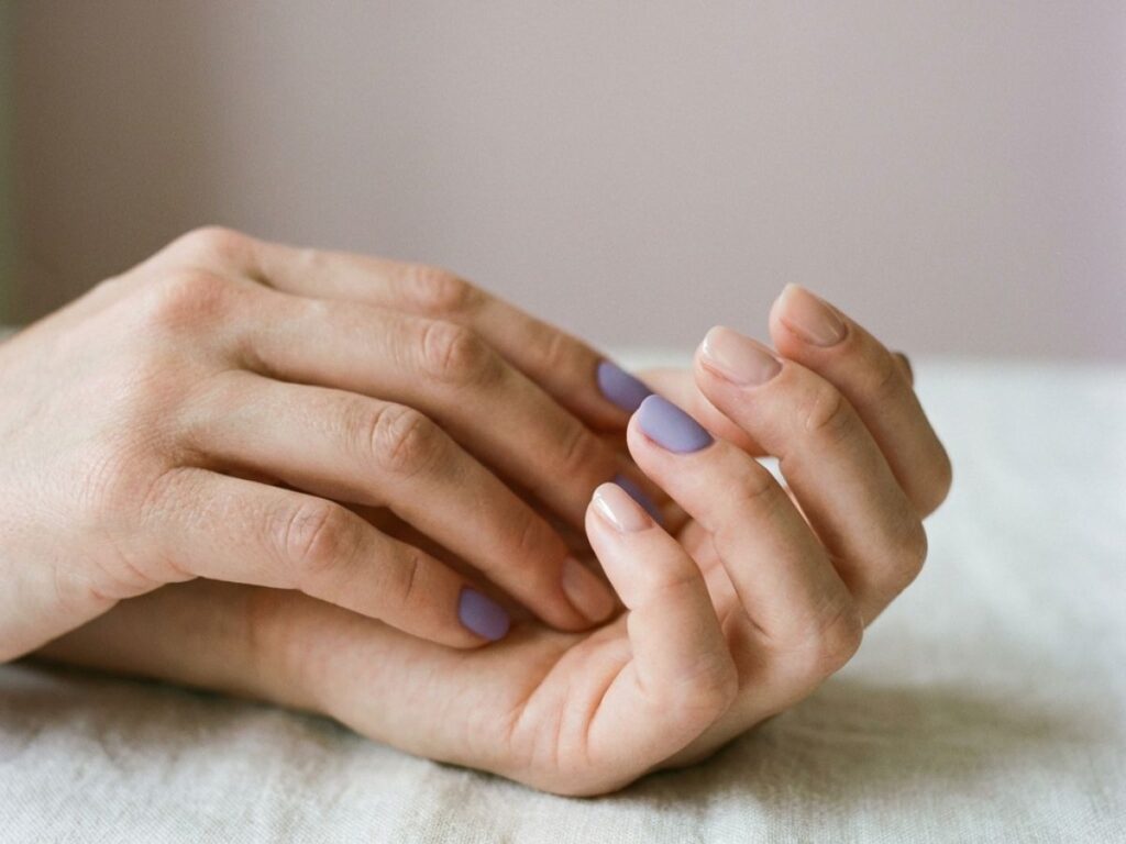 Hands with pastel lavender and soft nude nails, mismatched manicure, clean minimal style, soft lighting