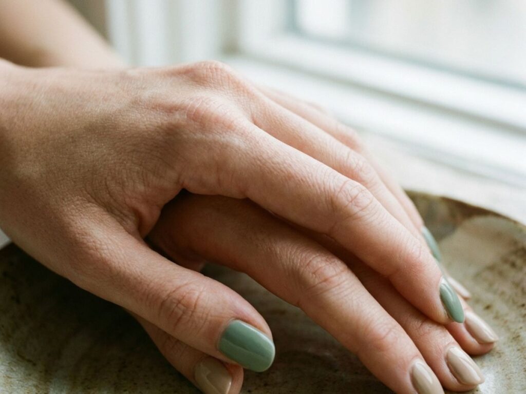 Hands with sage green and nude mismatch manicure, soft natural lighting, minimal aesthetic close-up