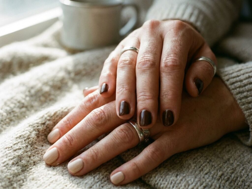 Hands with chocolate brown and cream mismatch manicure, cozy knit background, warm soft lighting