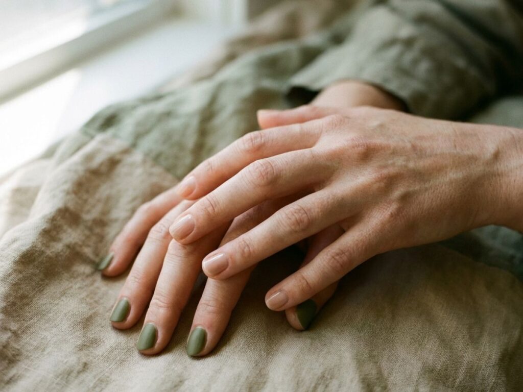 Hands with olive green and nude mismatch nails, soft natural lighting, relaxed minimal aesthetic