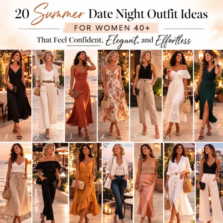 Collage of 20 summer date night outfit ideas for women over 40 featuring elegant dresses, skirts, and wide-leg pants.