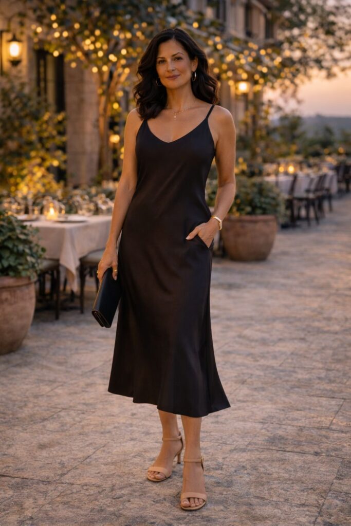 Woman wearing a black satin midi dress and heels, holding a clutch at an outdoor restaurant with string lights.