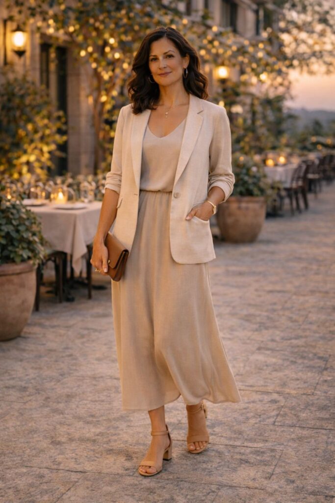 Woman wearing a beige midi dress with a matching blazer, holding a clutch at an outdoor restaurant with string lights.