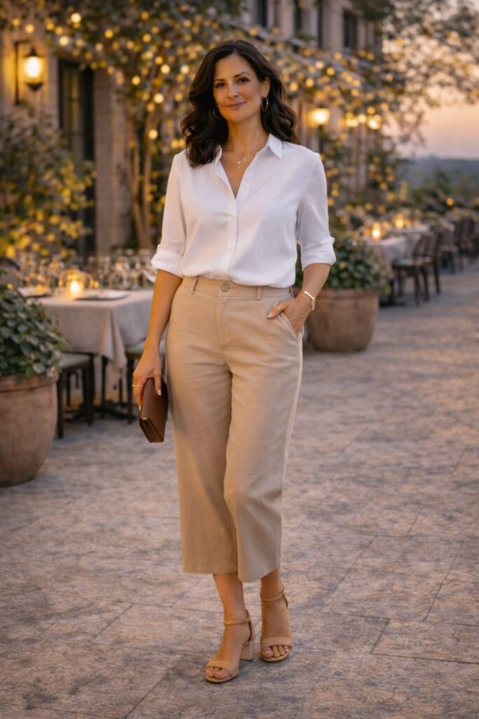 Woman wearing a white blouse and beige cropped pants, holding a clutch at an outdoor restaurant with string lights.