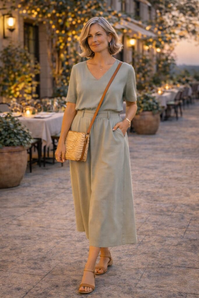 Woman wearing a sage green top and matching midi skirt, carrying a straw crossbody bag on a lit café street.