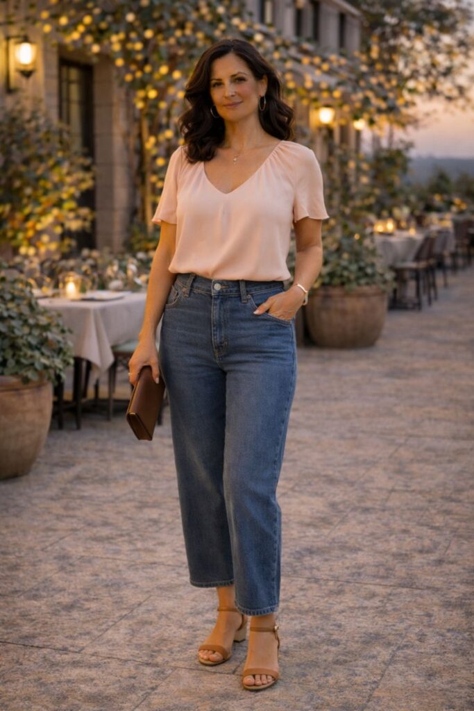 Woman wearing a blush blouse and cropped blue jeans, holding a clutch at an outdoor restaurant with string lights.
