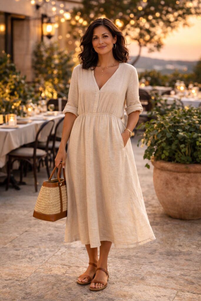 Woman wearing a beige linen midi dress and sandals, holding a straw bag at an outdoor restaurant with string lights.