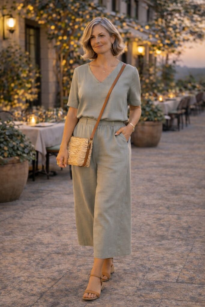 Woman wearing a sage green jumpsuit with a woven crossbody bag, walking along a softly lit outdoor