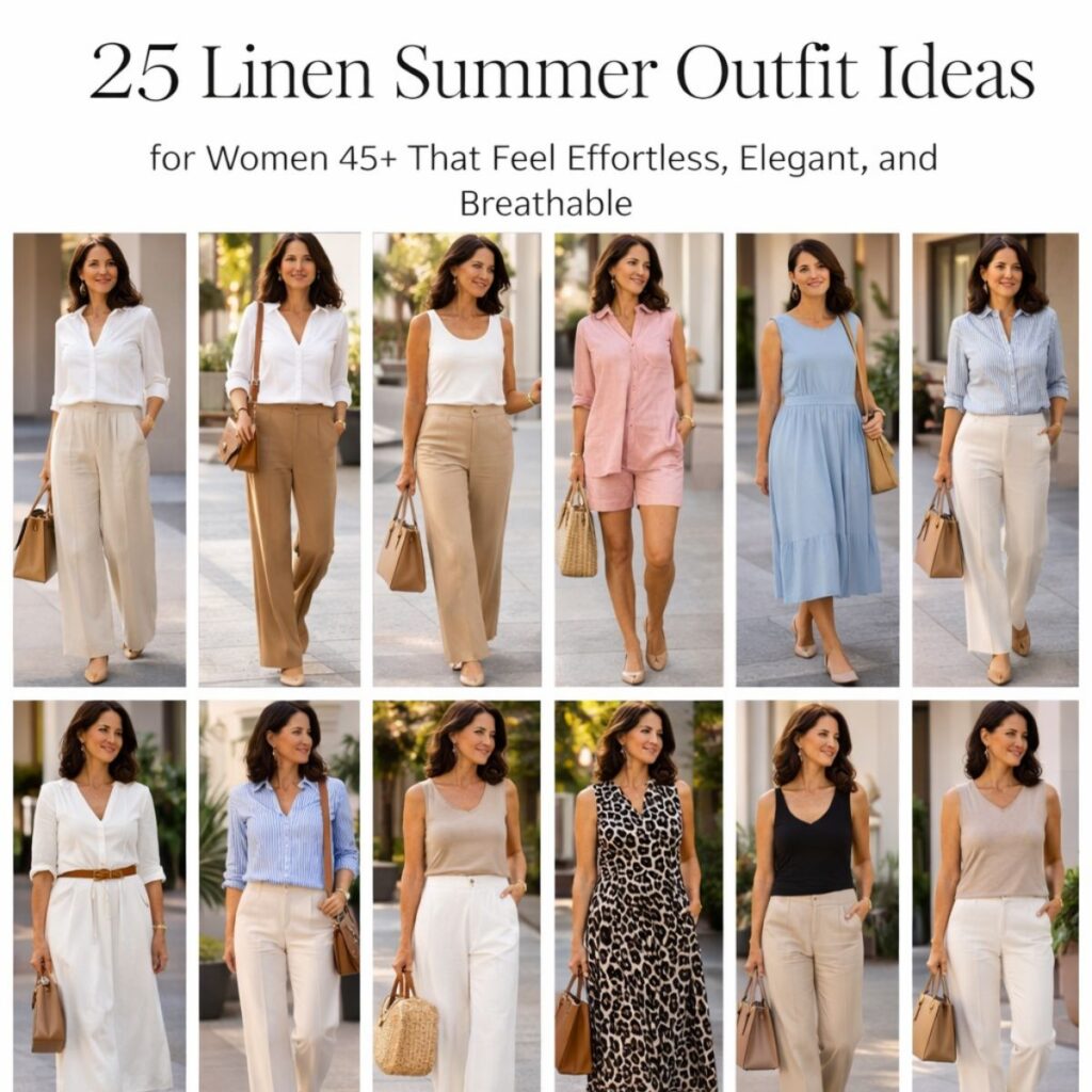 Collage of linen summer outfit ideas for women over 45 featuring elegant casual looks.