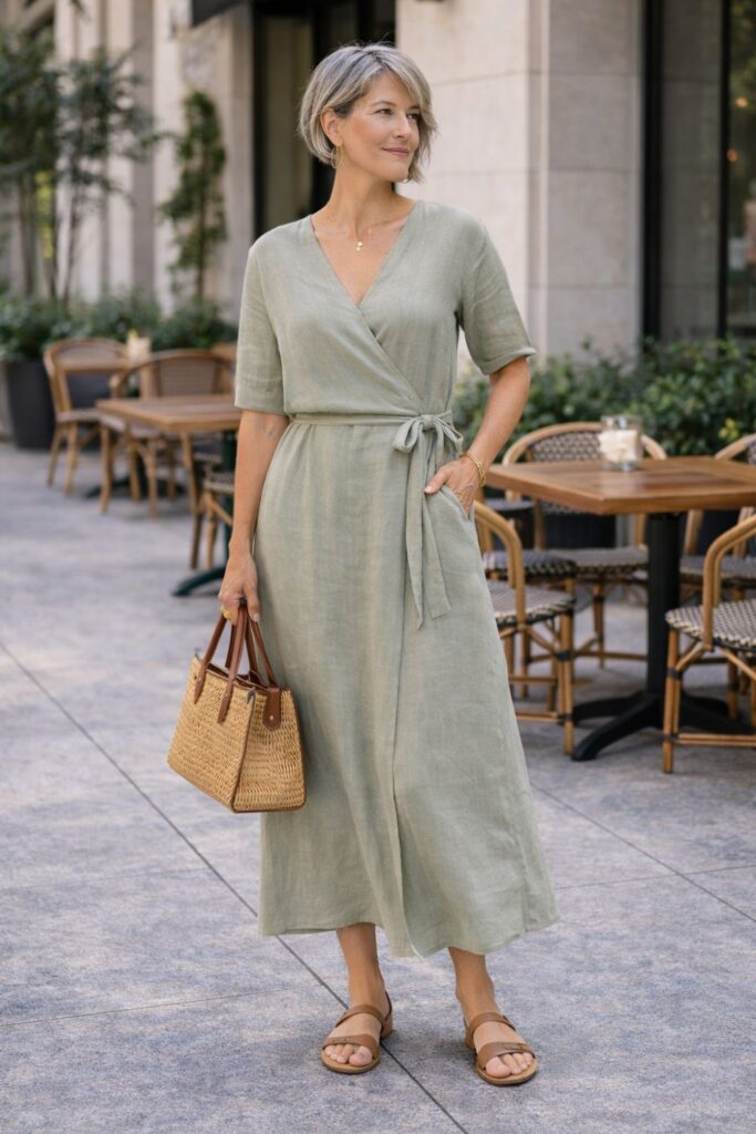 Woman wearing a sage green linen wrap midi dress with brown sandals, carrying a woven handbag while standing on a city sidewalk near outdoor café tables.