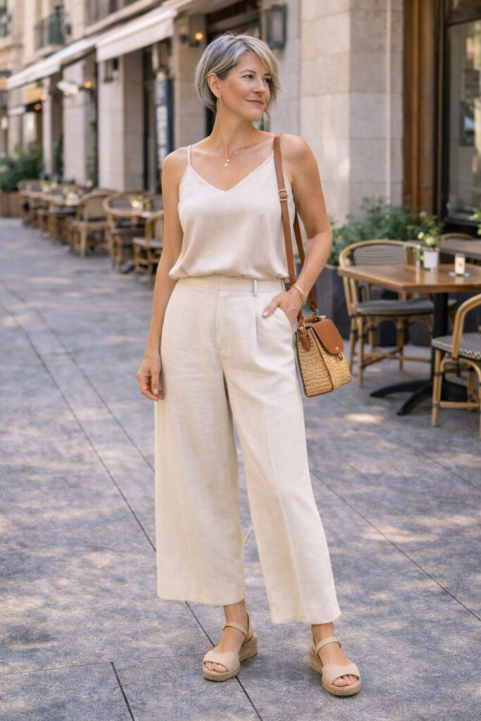 Woman wearing a beige camisole with wide-leg linen pants and wedge sandals, carrying a woven crossbody bag while standing on a city sidewalk near outdoor café seating.