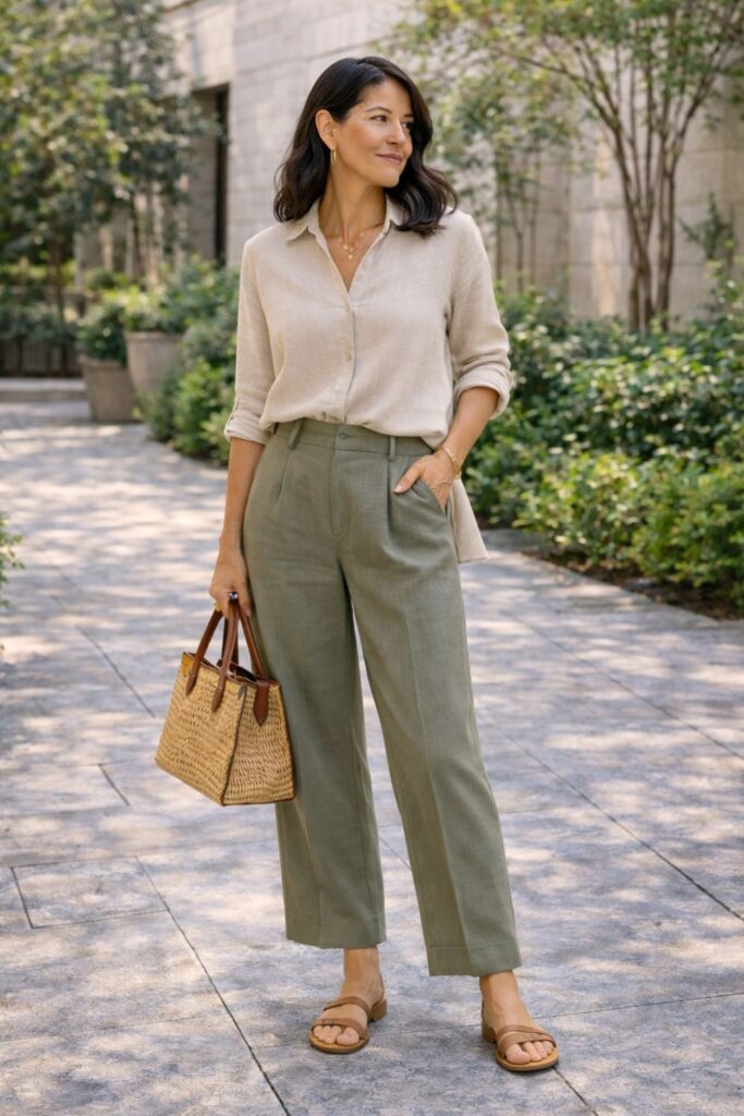 Woman wearing a beige button-down blouse with olive green trousers and brown sandals, holding a woven handbag while standing on a leafy city walkway.