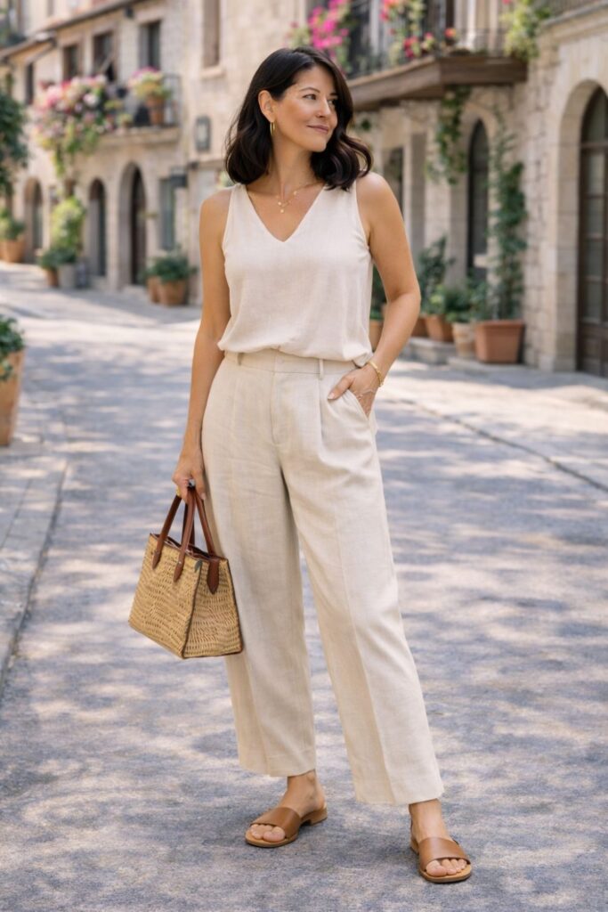 Woman wearing a beige sleeveless top with matching linen trousers and brown sandals, holding a woven handbag on a charming European-style street.