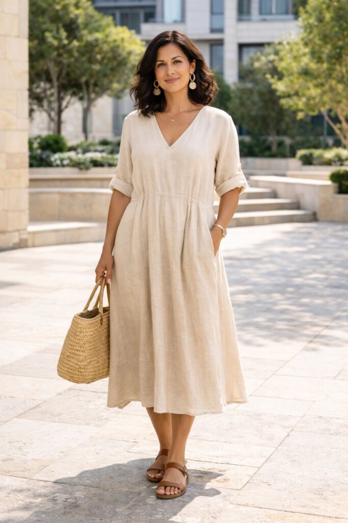 Woman wearing a beige linen midi dress with brown sandals, carrying a woven tote bag while walking through a bright modern courtyard.