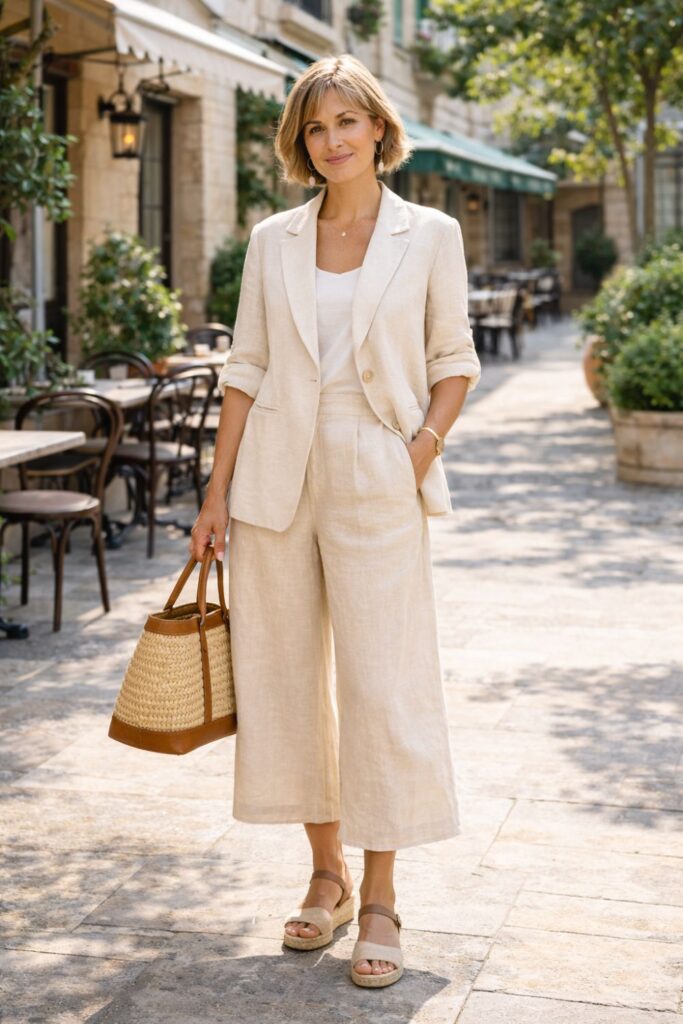 Woman wearing a beige linen blazer and wide-leg pants, holding a straw bag on a sunny café street.