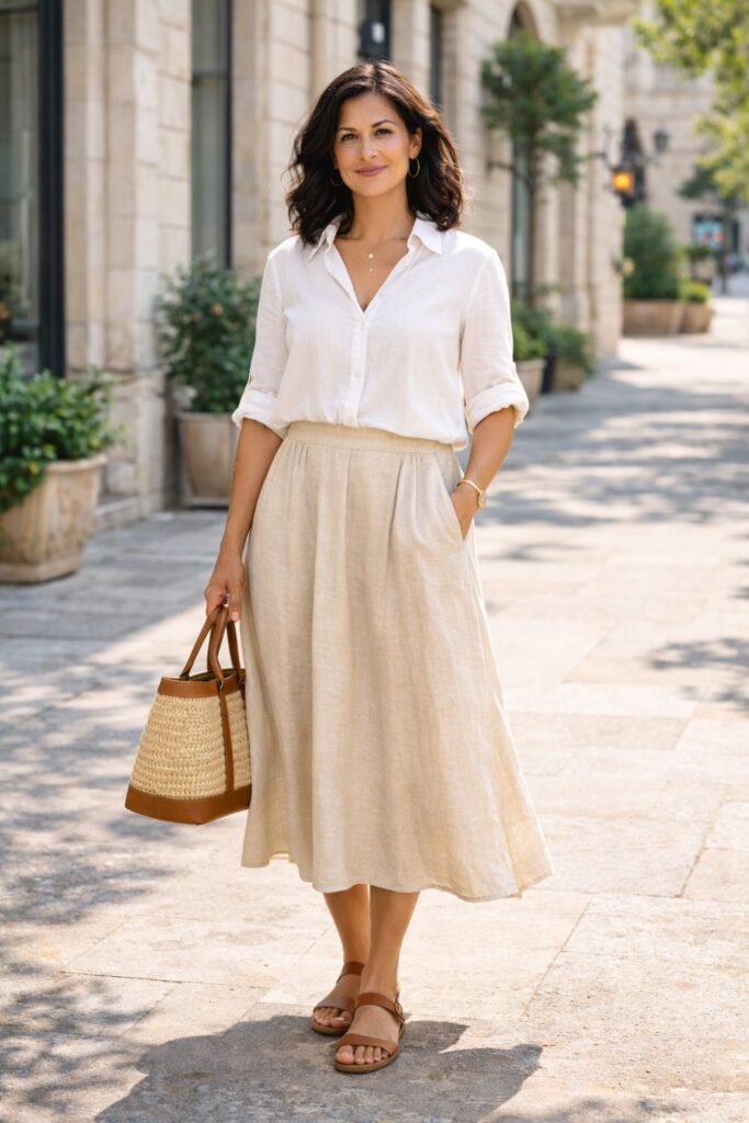 Woman wearing a white linen blouse and beige midi skirt, carrying a straw tote on a sunny city street.