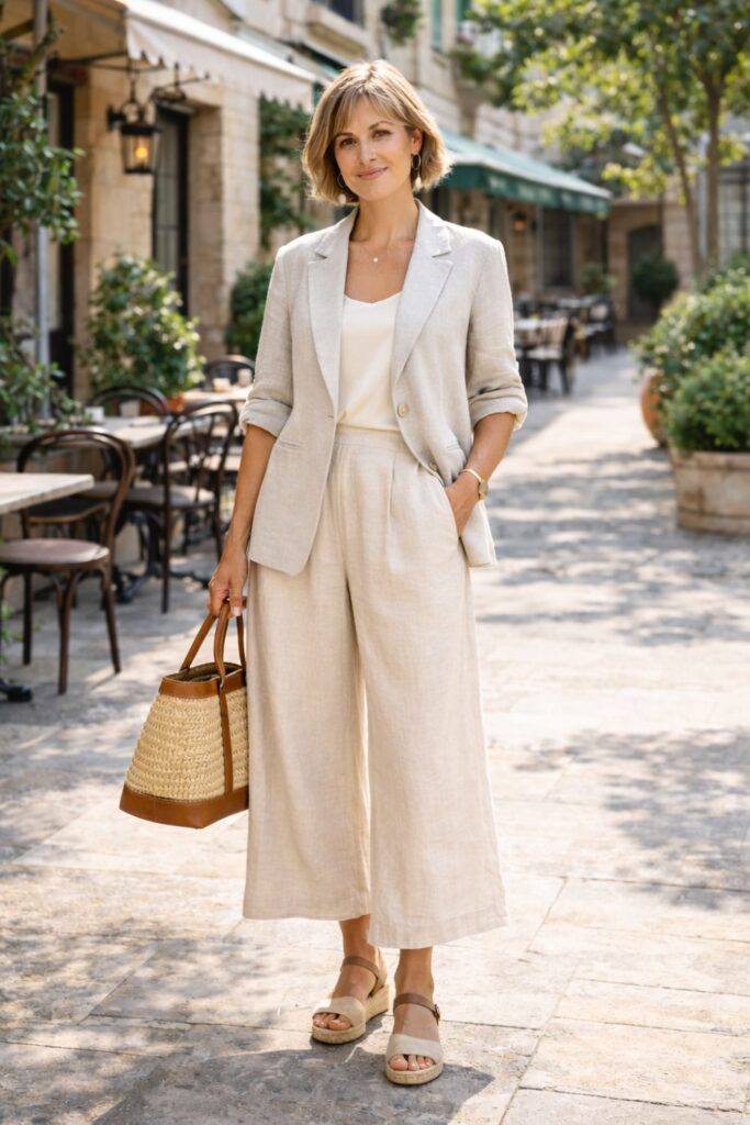 Woman wearing a beige linen blazer and wide-leg pants, holding a straw bag on a sunny café street.