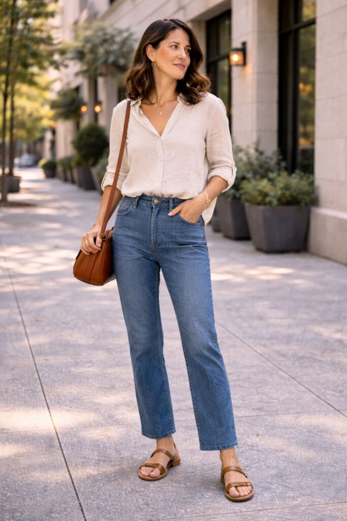 Woman wearing a beige linen button-down shirt tucked into blue jeans with brown sandals and a brown shoulder bag, standing on a city sidewalk.