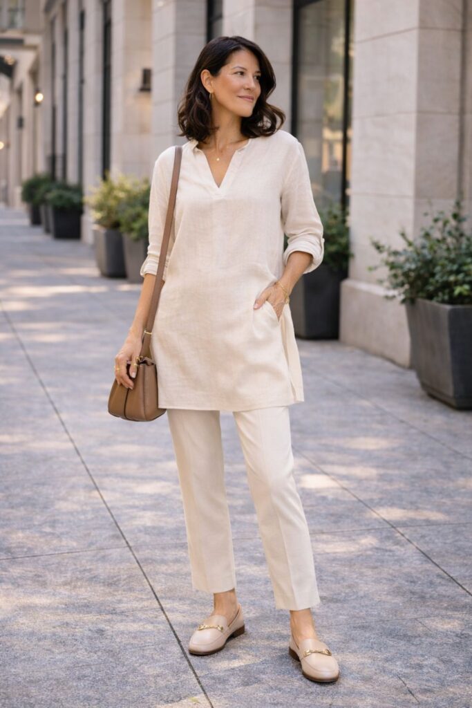 Woman wearing a beige linen tunic-style top with slim beige pants and loafers, carrying a brown crossbody bag while standing on a city sidewalk.