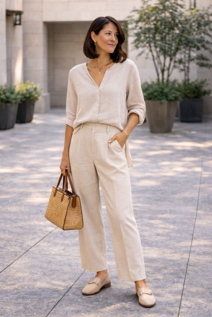 Woman wearing a beige linen button-down shirt with matching linen pants and beige loafers, carrying a woven handbag while standing on a city sidewalk.