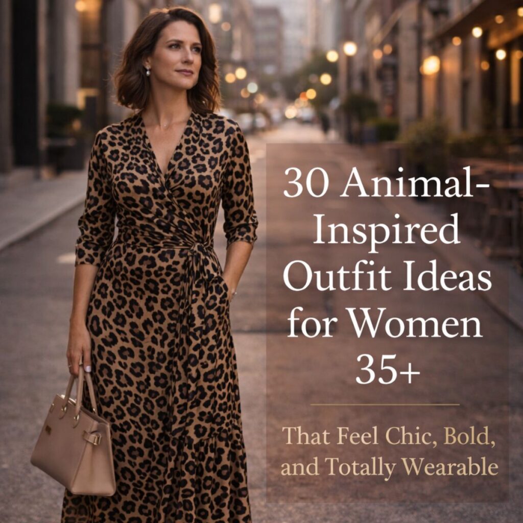 Woman wearing a flattering leopard-print wrap dress paired with nude heels and a structured handbag, creating a chic city look that feels bold, elegant, and effortlessly wearable.