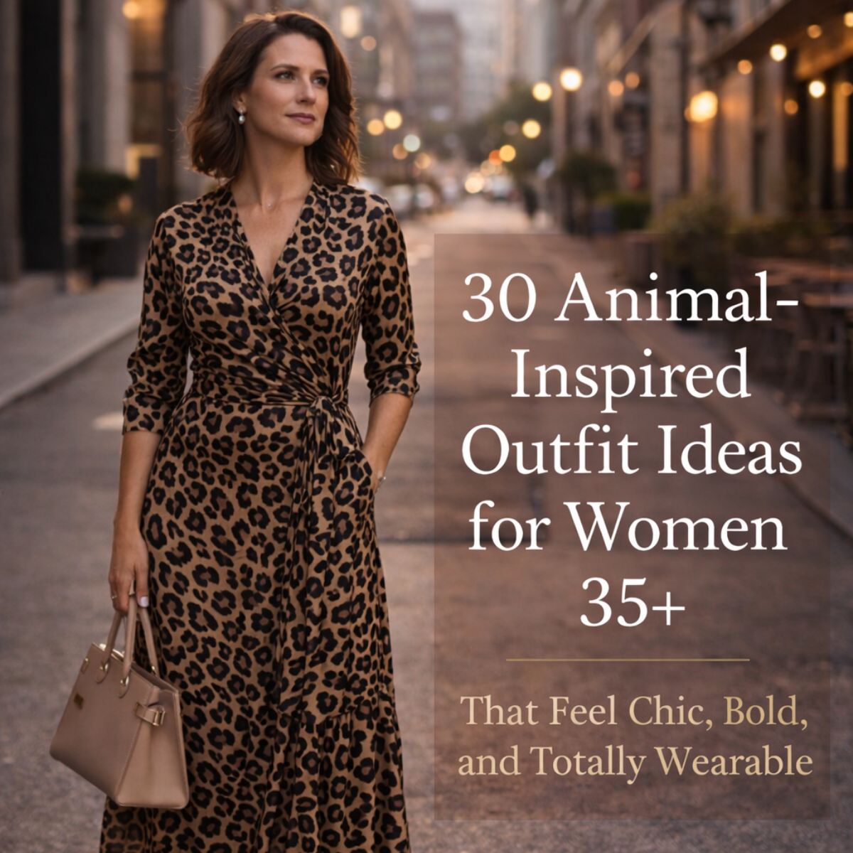 Woman wearing a flattering leopard-print wrap dress paired with nude heels and a structured handbag, creating a chic city look that feels bold, elegant, and effortlessly wearable.