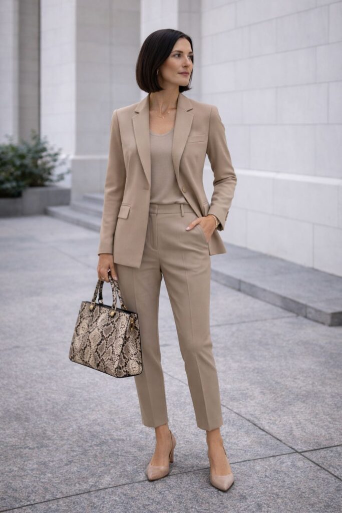 A tailored neutral suit paired with a snake-print handbag creates a sophisticated outfit where the patterned accessory adds subtle texture and visual interest without overwhelming the clean, polished look.
