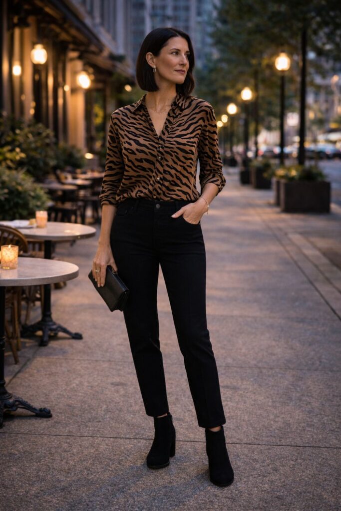 A tiger-print blouse paired with sleek black jeans creates a bold yet balanced outfit, letting the striking pattern take center stage while the dark denim keeps the overall look polished and modern.