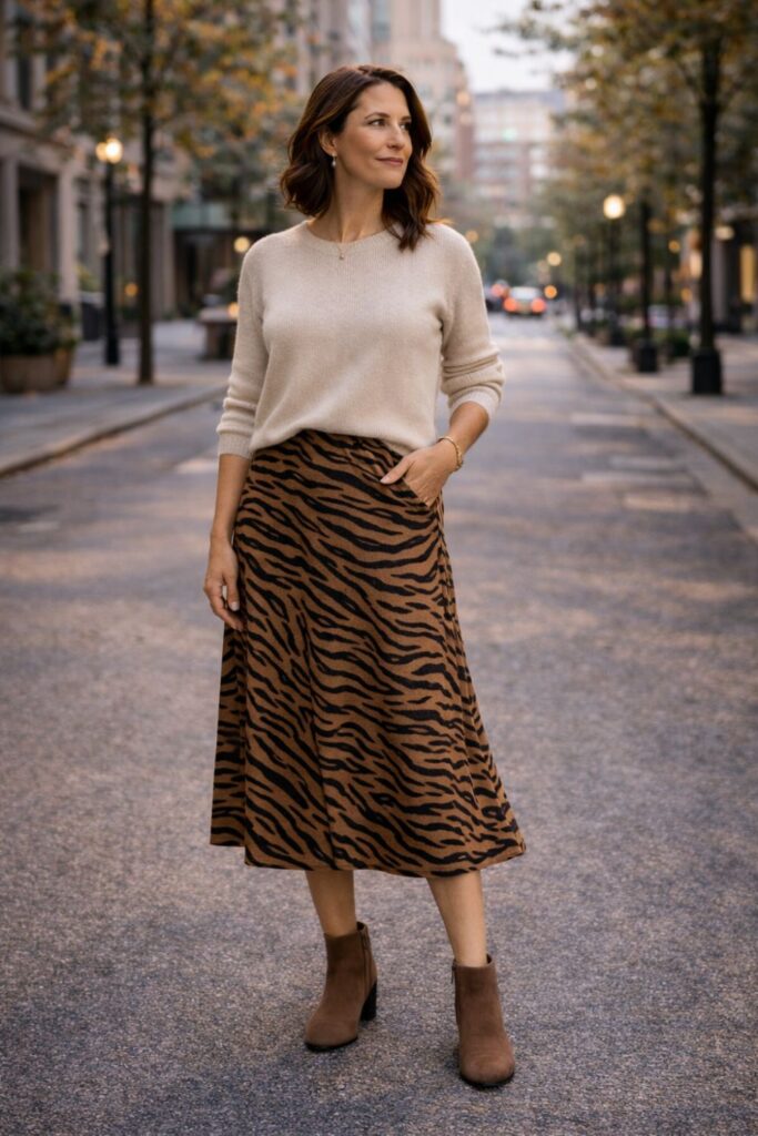 A tiger-print skirt paired with a soft cream sweater creates a stylish, balanced outfit that softens the bold stripes while still letting the pattern add warmth and personality to the overall look.