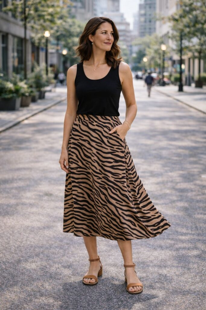 A tiger-print midi skirt paired with a simple black tank top creates a clean, balanced outfit that lets the bold pattern stand out while the classic top keeps the look sleek and effortless.