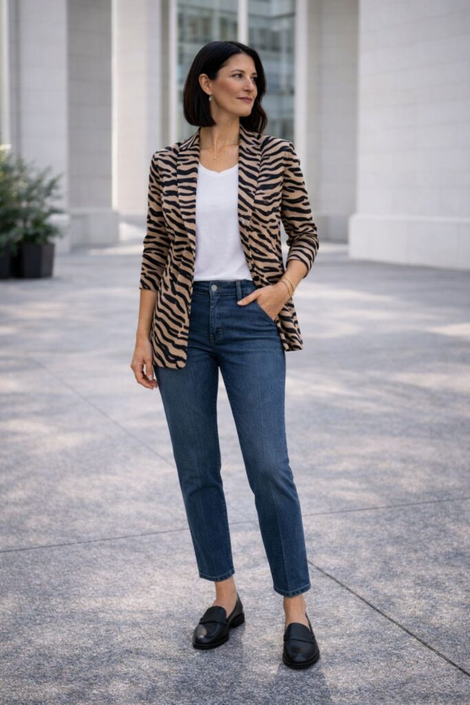 A tiger-print blazer layered over a simple white tee and classic blue jeans creates a stylish, elevated casual outfit where the bold jacket adds personality while the basics keep the look relaxed and easy to wear.