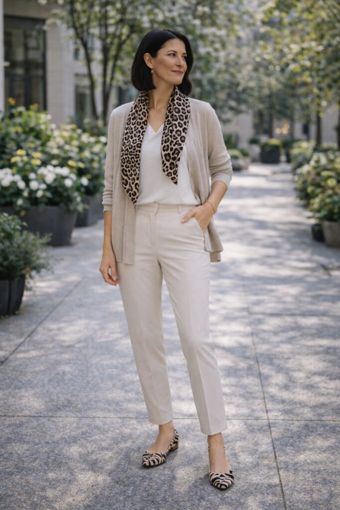 A leopard-print scarf paired with a soft neutral outfit adds a stylish accent without overwhelming the look. The pattern naturally draws attention upward, while the light layers and simple pieces keep the outfit polished, balanced, and effortlessly chic.